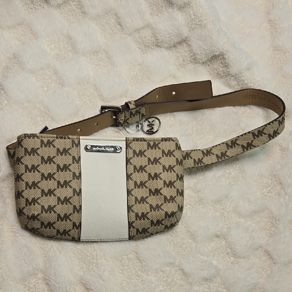 Michael Kors Tan and White Signature Belt Bag